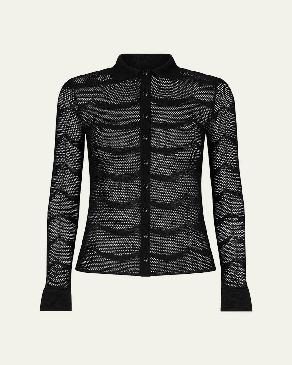 Crescent Mesh Polo Button Down Top